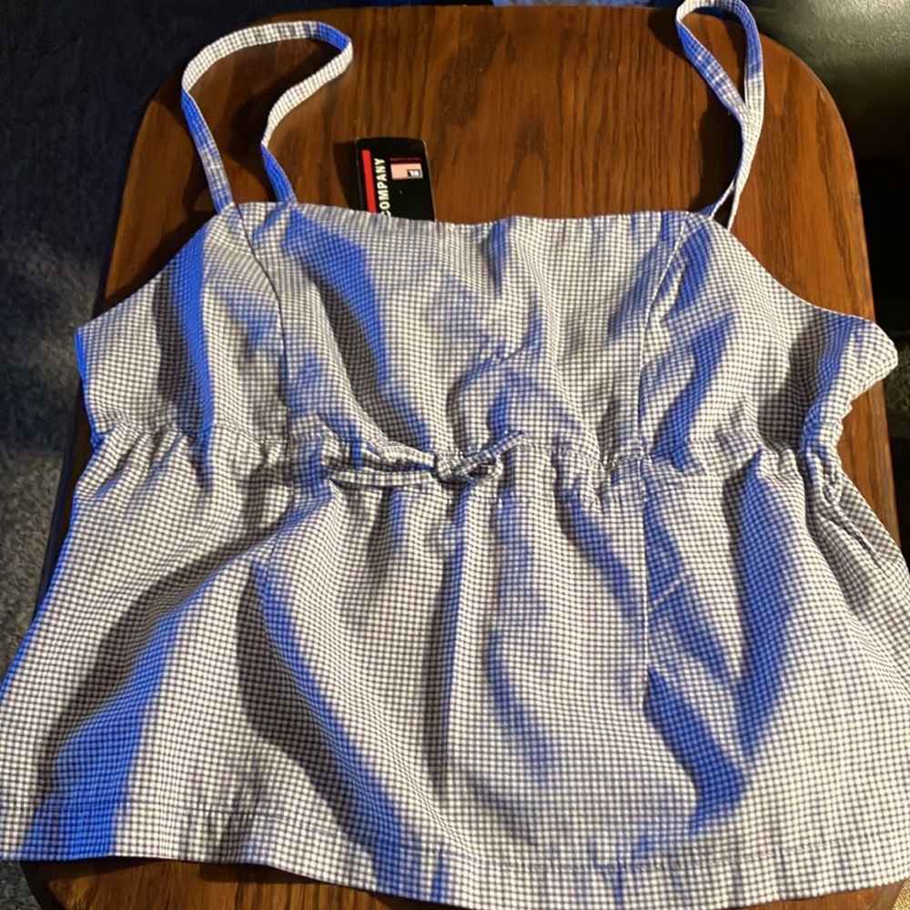 Polo/RalphLauren croptop. Strappy, w/drawstring bodice. Blue/white check.NWT. Lg